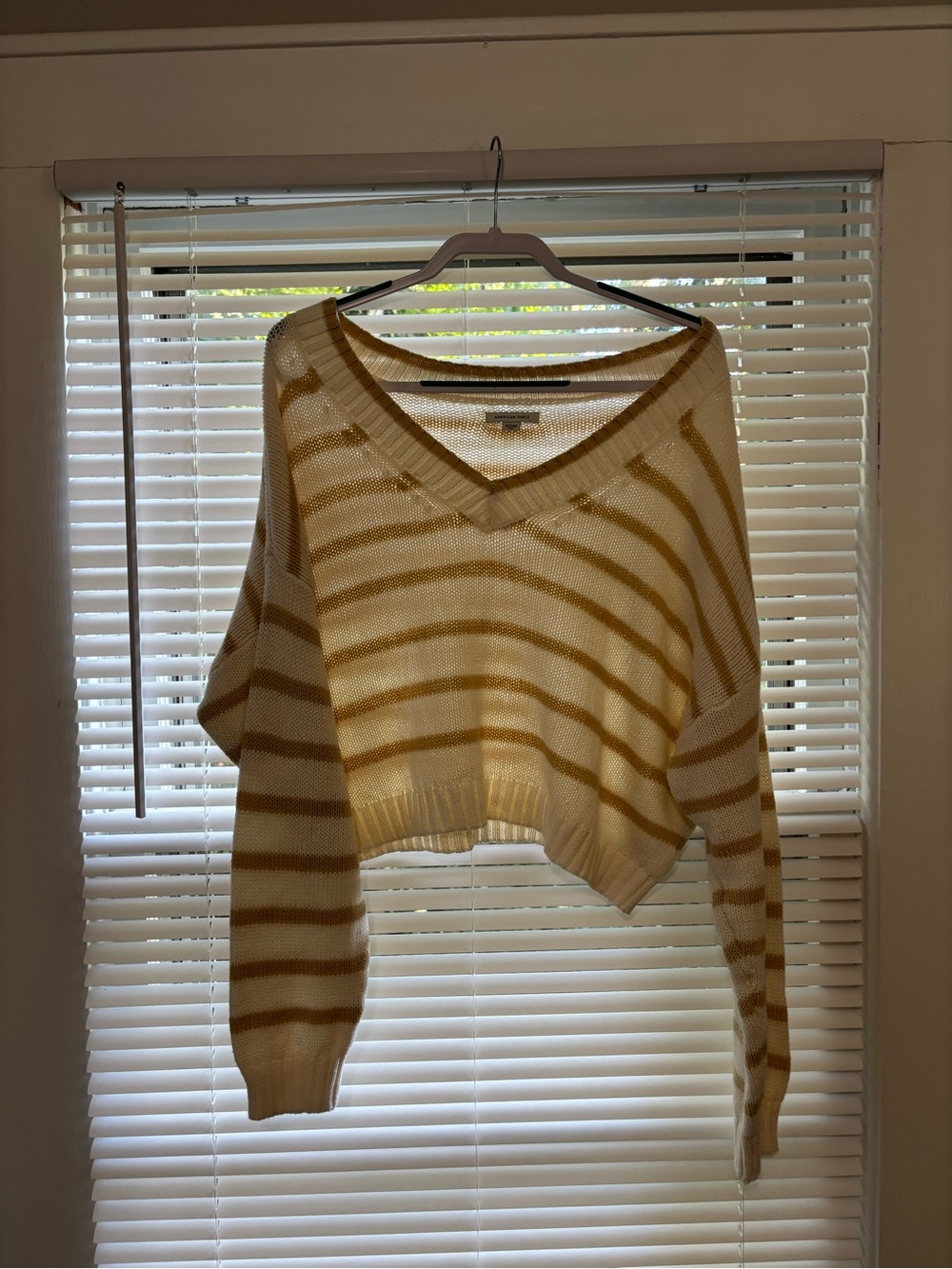 American Eagle Outfitters Striped V-Neck Sweater - Cream and Tan
